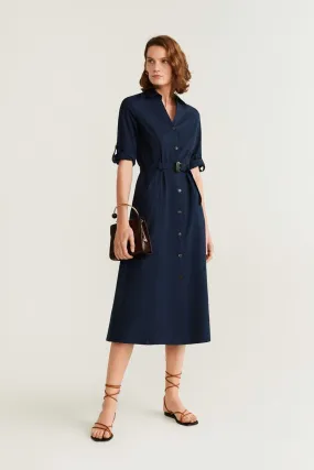 13104 Navy Blue Tie Waist Shirt Dress