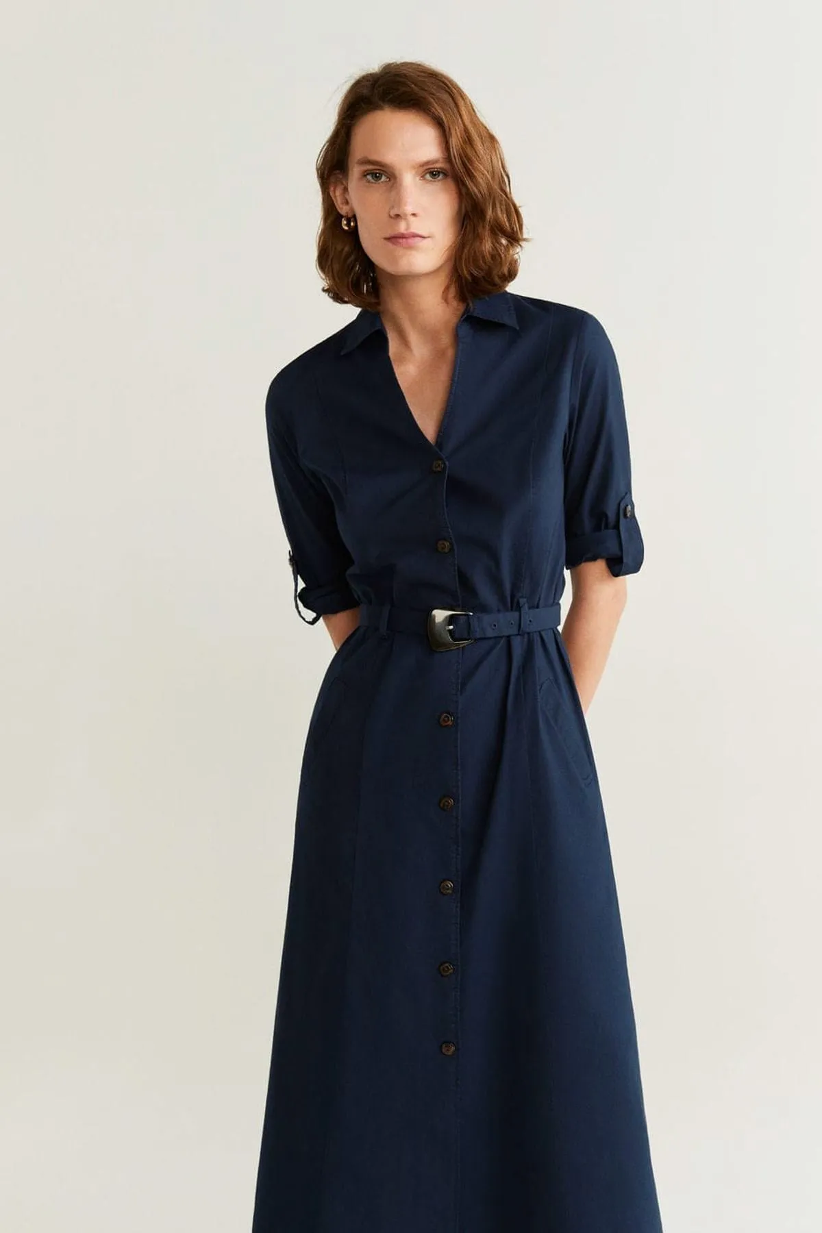 13104 Navy Blue Tie Waist Shirt Dress
