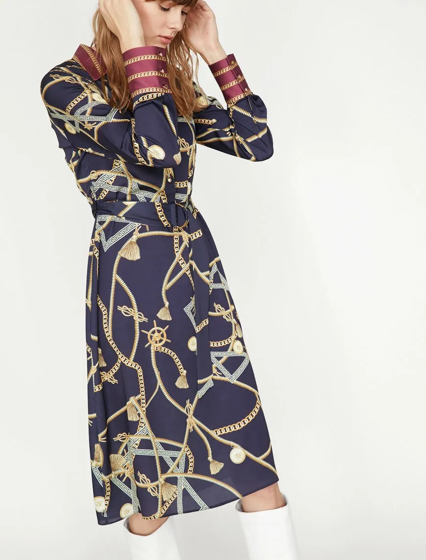 15092 Navy Blue Patterned Shirt Dress