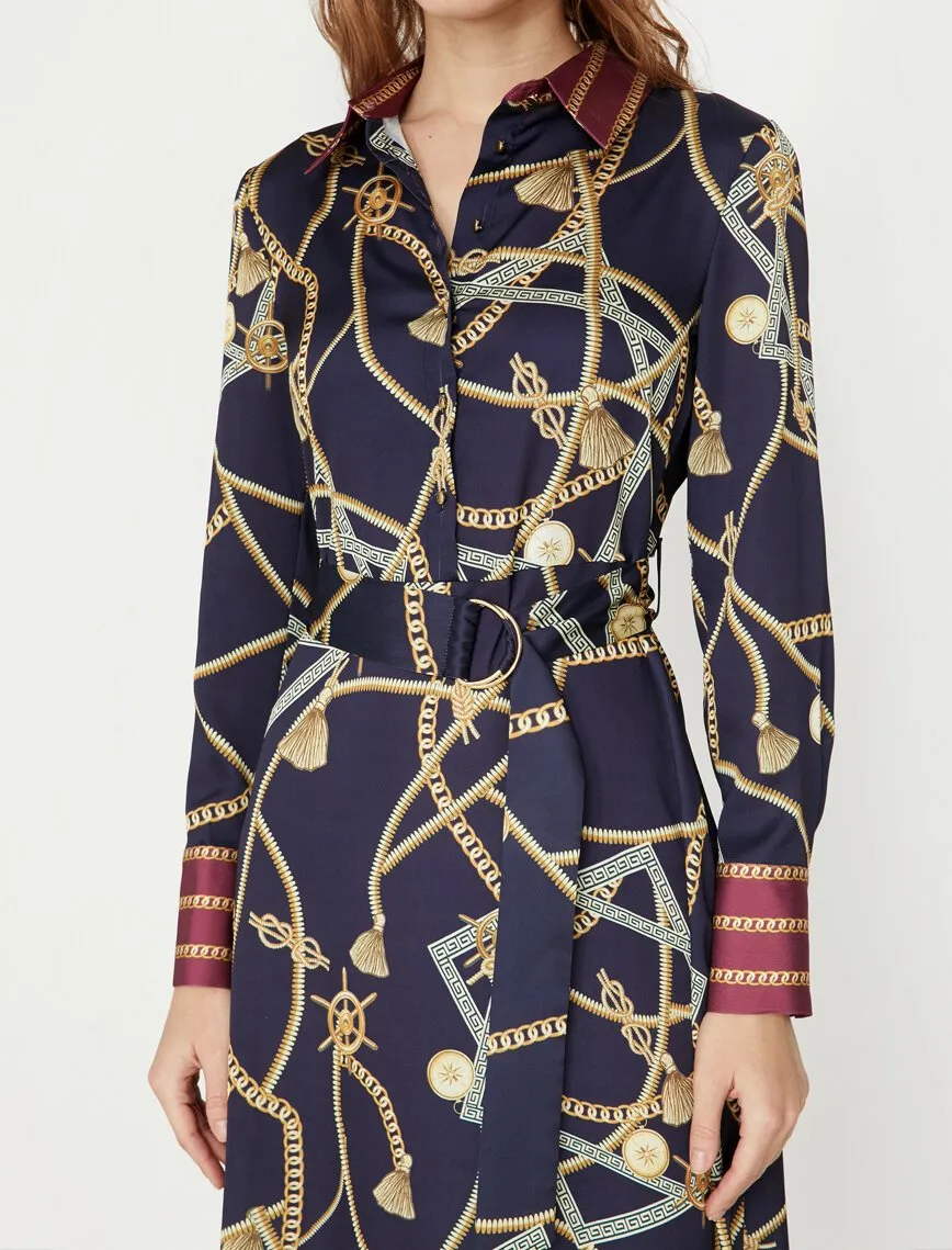 15092 Navy Blue Patterned Shirt Dress
