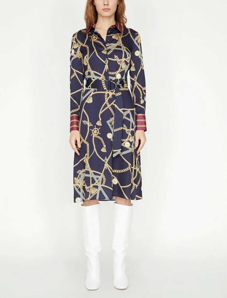 15092 Navy Blue Patterned Shirt Dress
