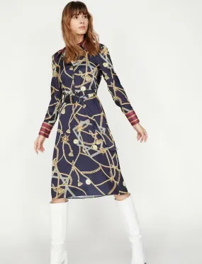 15092 Navy Blue Patterned Shirt Dress