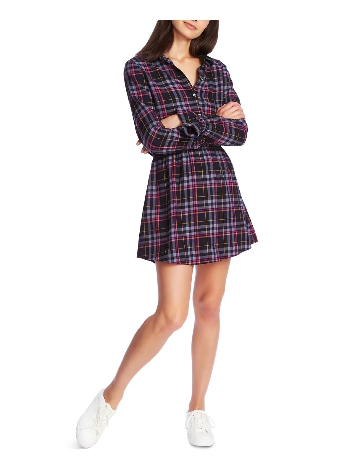 1.STATE Women's Button Front Plaid Shirtdress Blue