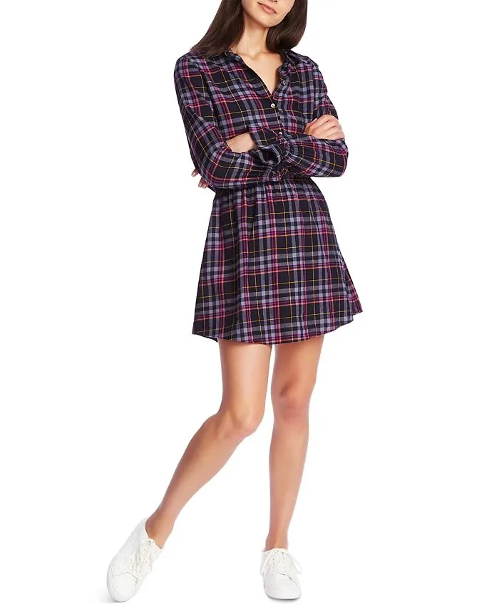 1.STATE Women's Button Front Plaid Shirtdress Blue