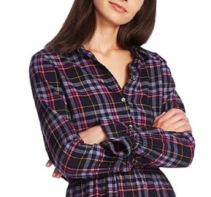 1.STATE Women's Button Front Plaid Shirtdress Blue