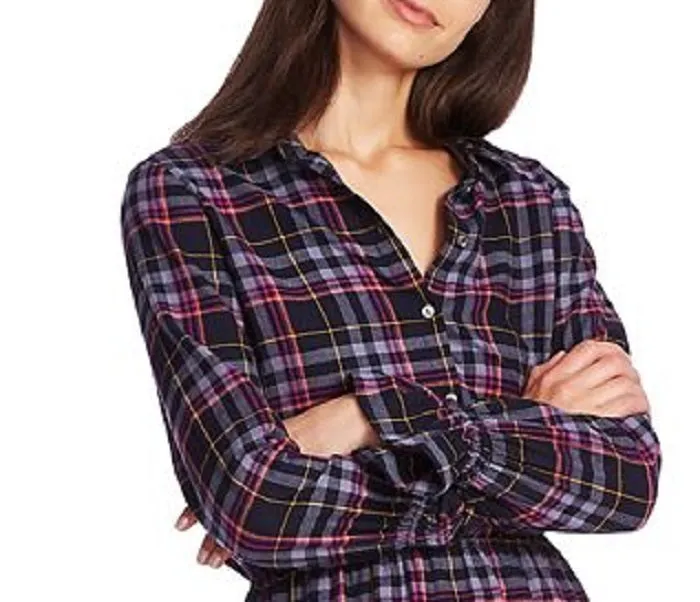 1.STATE Women's Button Front Plaid Shirtdress Blue