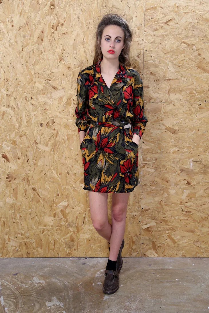 70s Long Sleeved Floral Shirt Dress