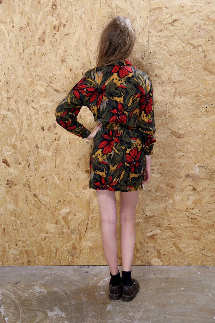 70s Long Sleeved Floral Shirt Dress