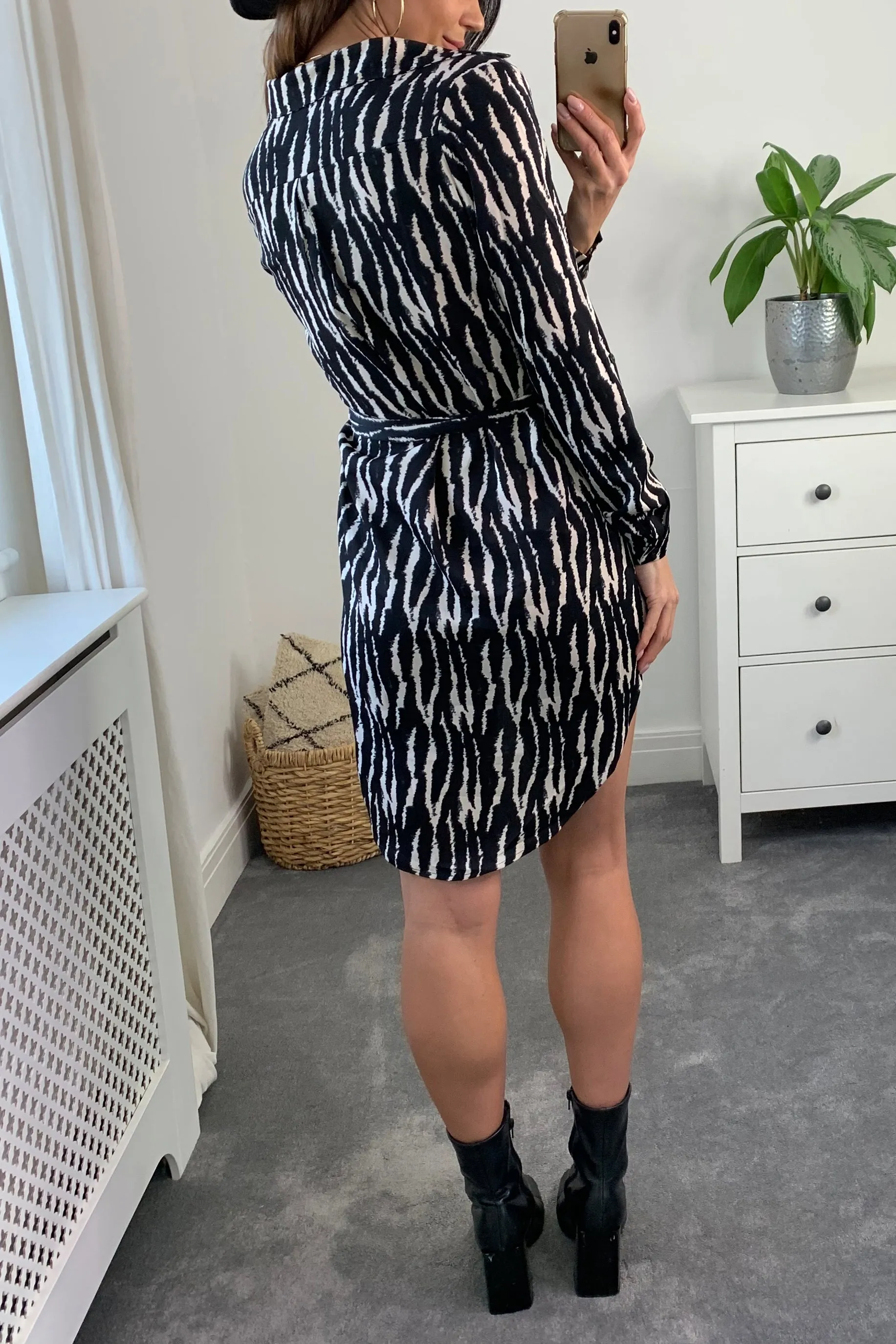 Abstract Print Shirt Dress BLACK