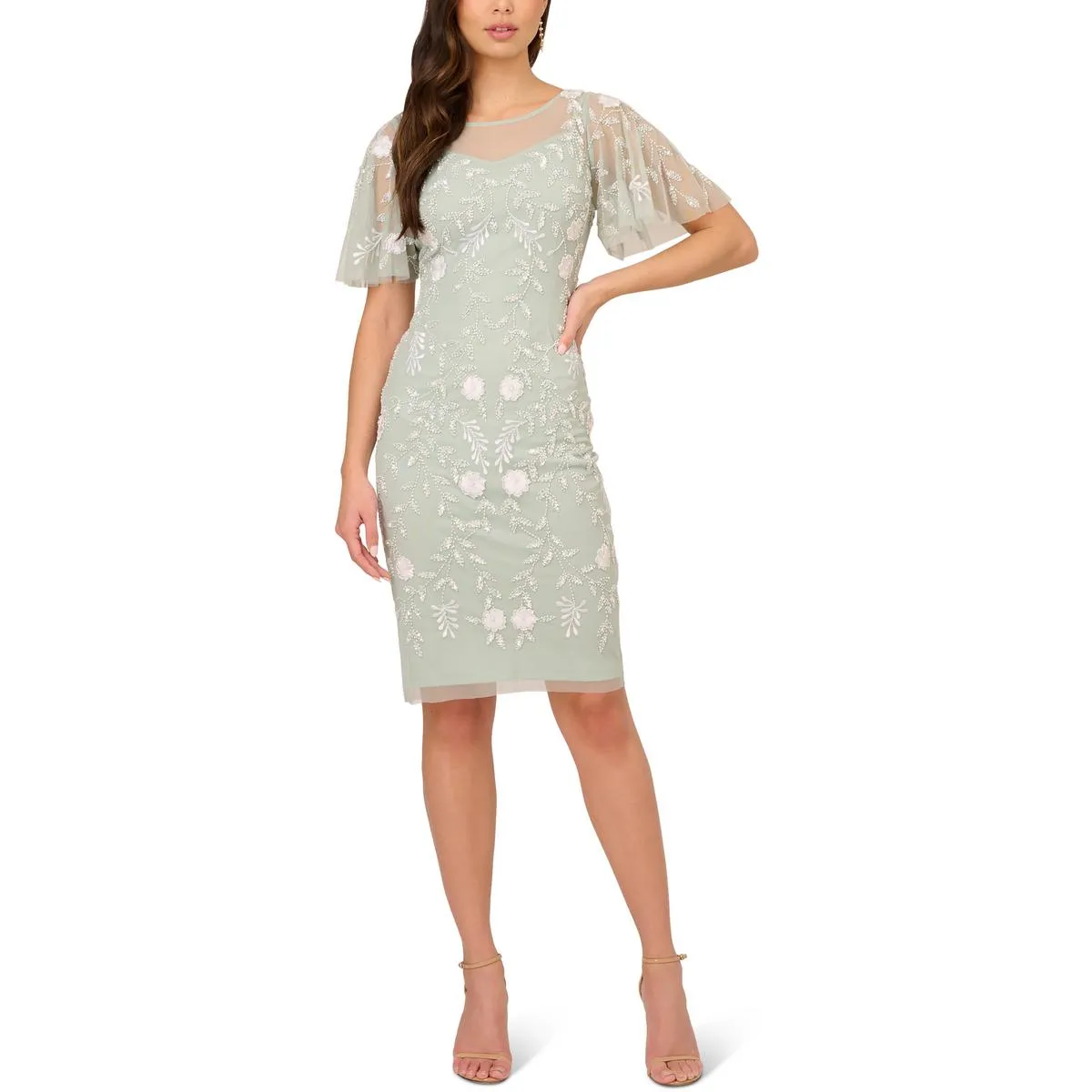 Adrianna Papell Womens Embellished Illusion Cocktail And Party Dress