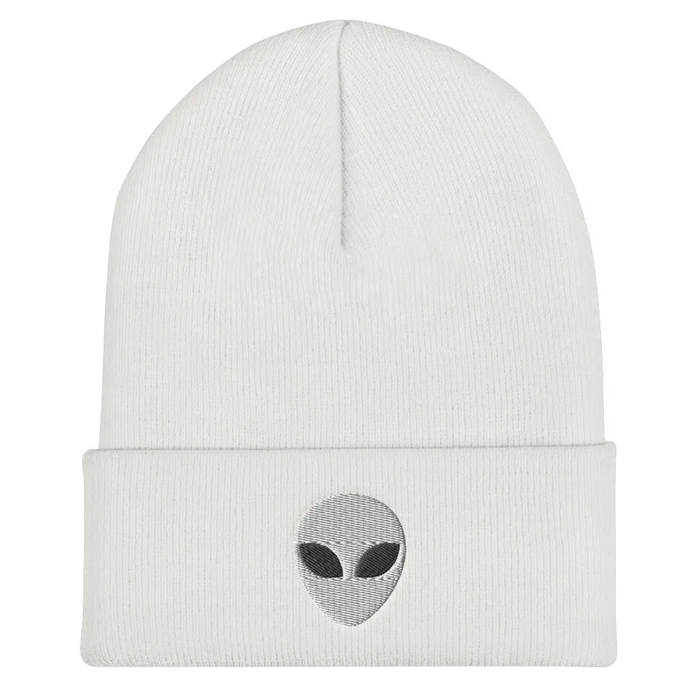 Alien Head Embroidered Cuffed Beanie, Embroidery UFO Party Winter Adult Hat Gift