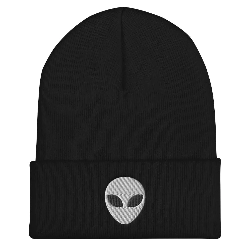Alien Head Embroidered Cuffed Beanie, Embroidery UFO Party Winter Adult Hat Gift