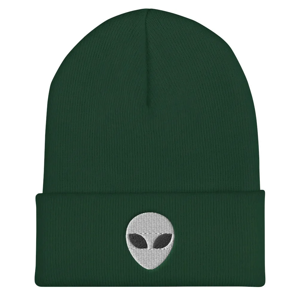 Alien Head Embroidered Cuffed Beanie, Embroidery UFO Party Winter Adult Hat Gift