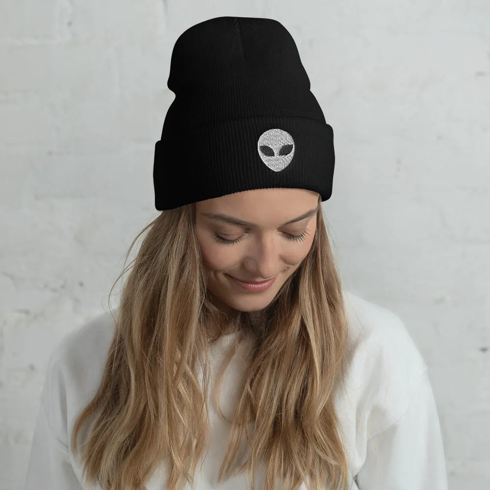 Alien Head Embroidered Cuffed Beanie, Embroidery UFO Party Winter Adult Hat Gift