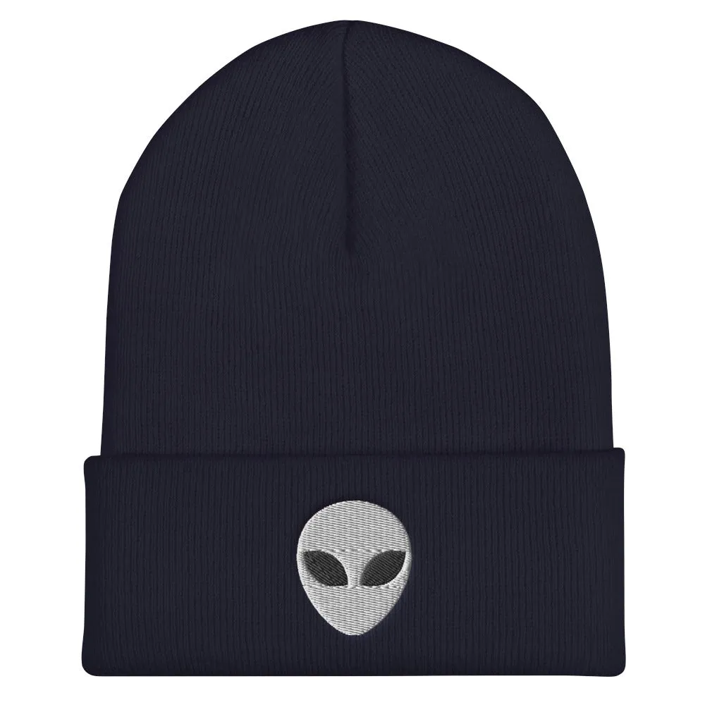 Alien Head Embroidered Cuffed Beanie, Embroidery UFO Party Winter Adult Hat Gift