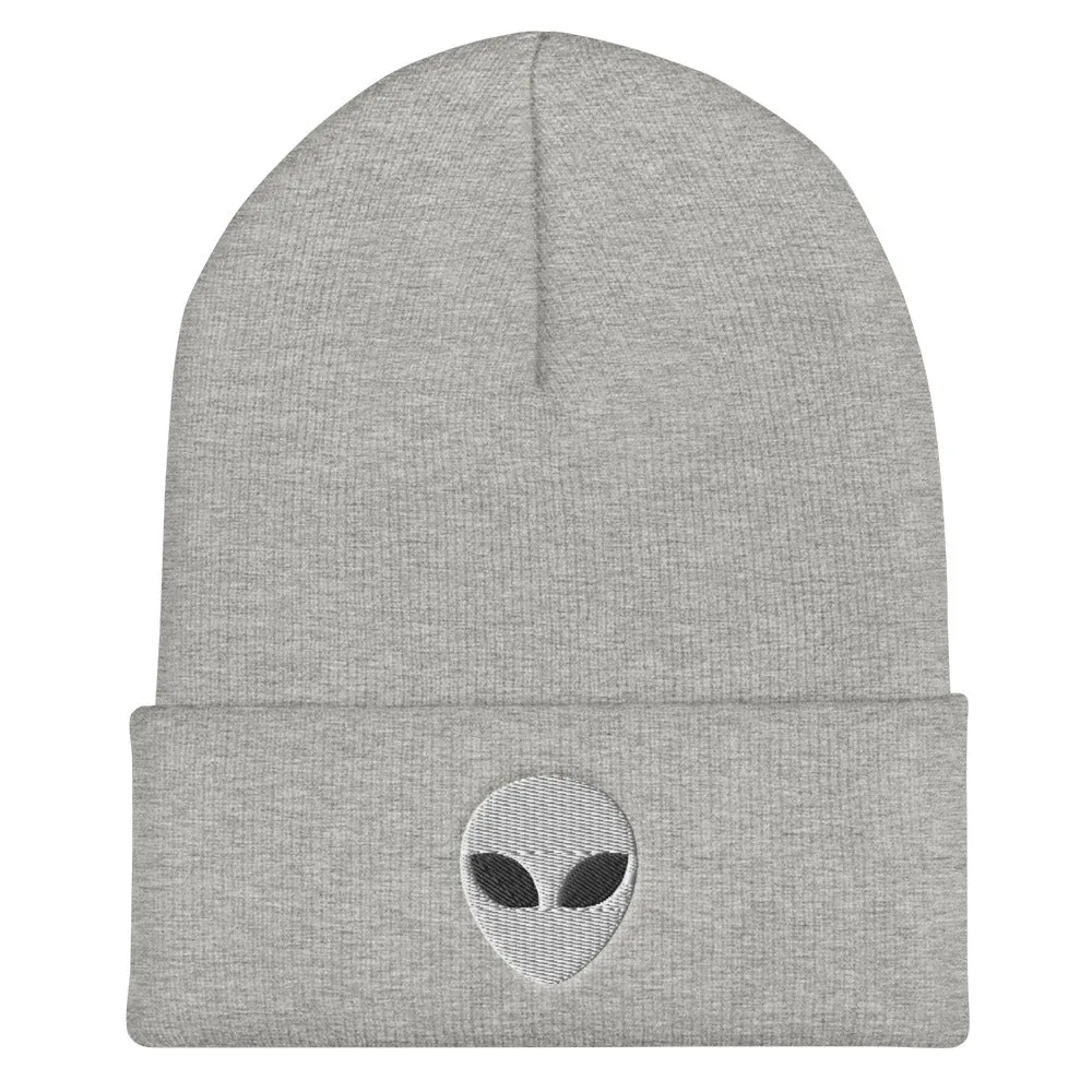Alien Head Embroidered Cuffed Beanie, Embroidery UFO Party Winter Adult Hat Gift