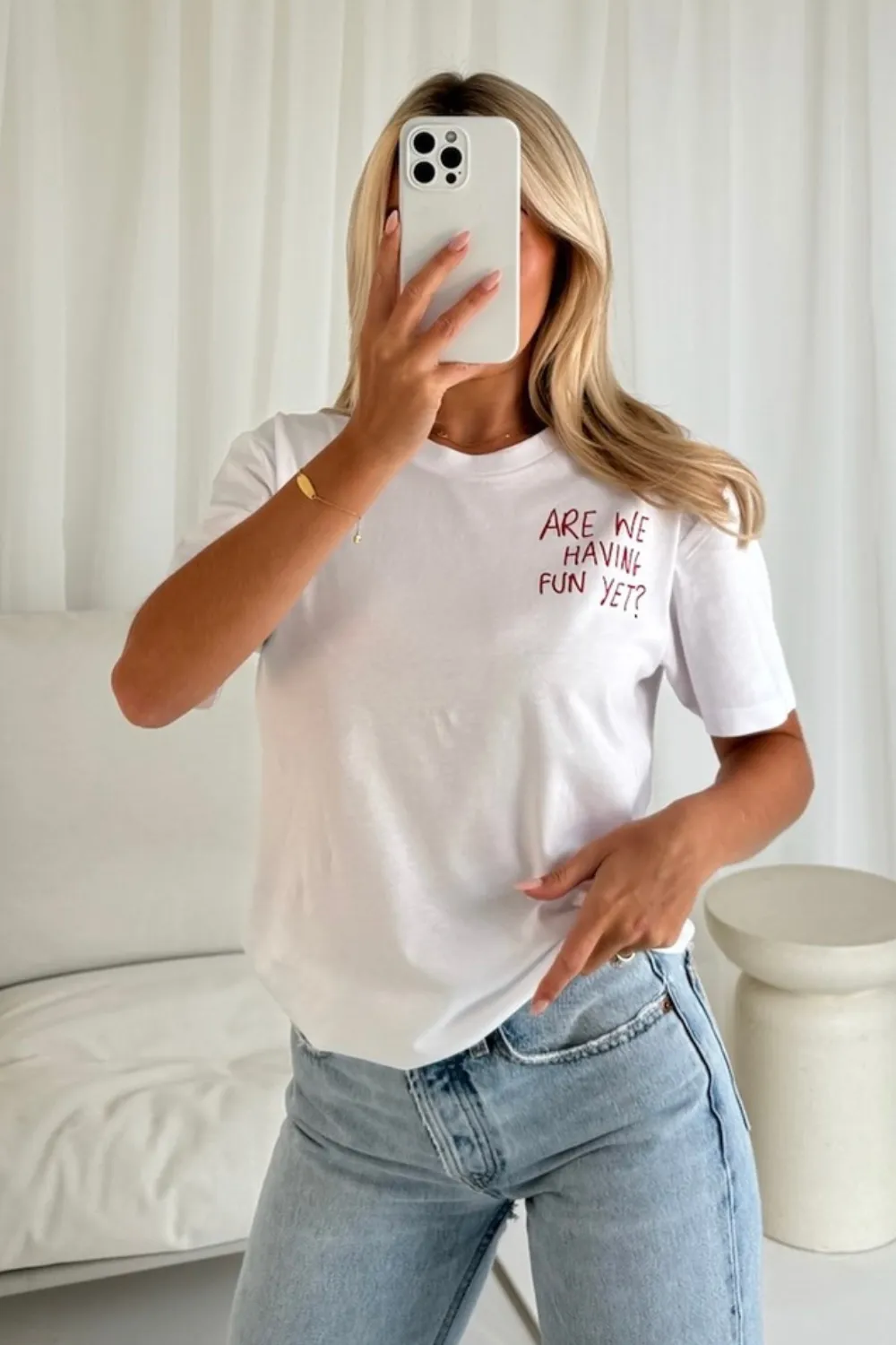 Are we having fun white printed t-shirt