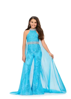 Ashley Lauren Kids 8225 Size 8 Blue Girls Lace Crystal Jumpsuit Cape Bell Bottom Pageant Fun Fashion Wear