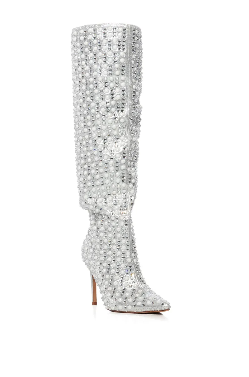 AZALEA WANG LYNLEE SILVER PEARL EMBELLISHED BOOT
