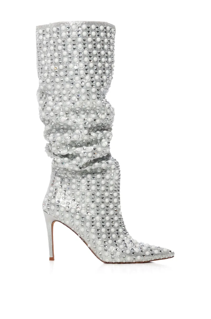 AZALEA WANG LYNLEE SILVER PEARL EMBELLISHED BOOT