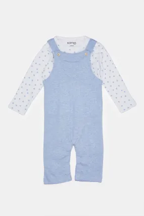 Baby Blue And White Printed Dungaree Set (2 Piece)