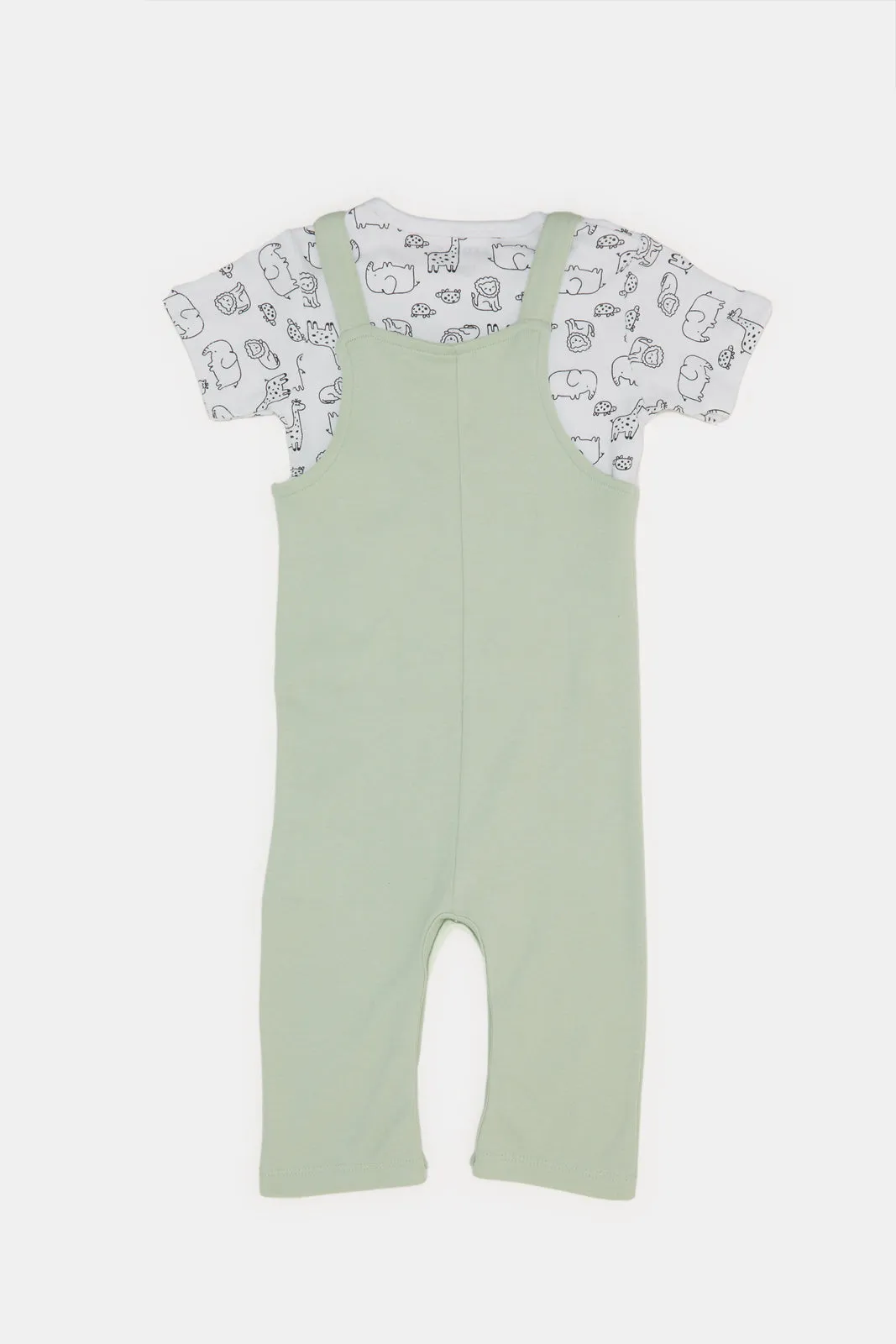 Baby Mint And White Printed Dungaree Set (2 Piece)