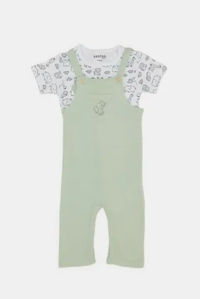 Baby Mint And White Printed Dungaree Set (2 Piece)