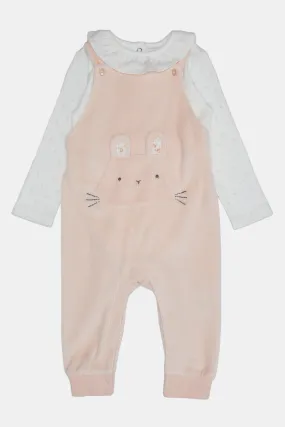 Baby Pink And White Embellished Dungaree Set (2 Piece)