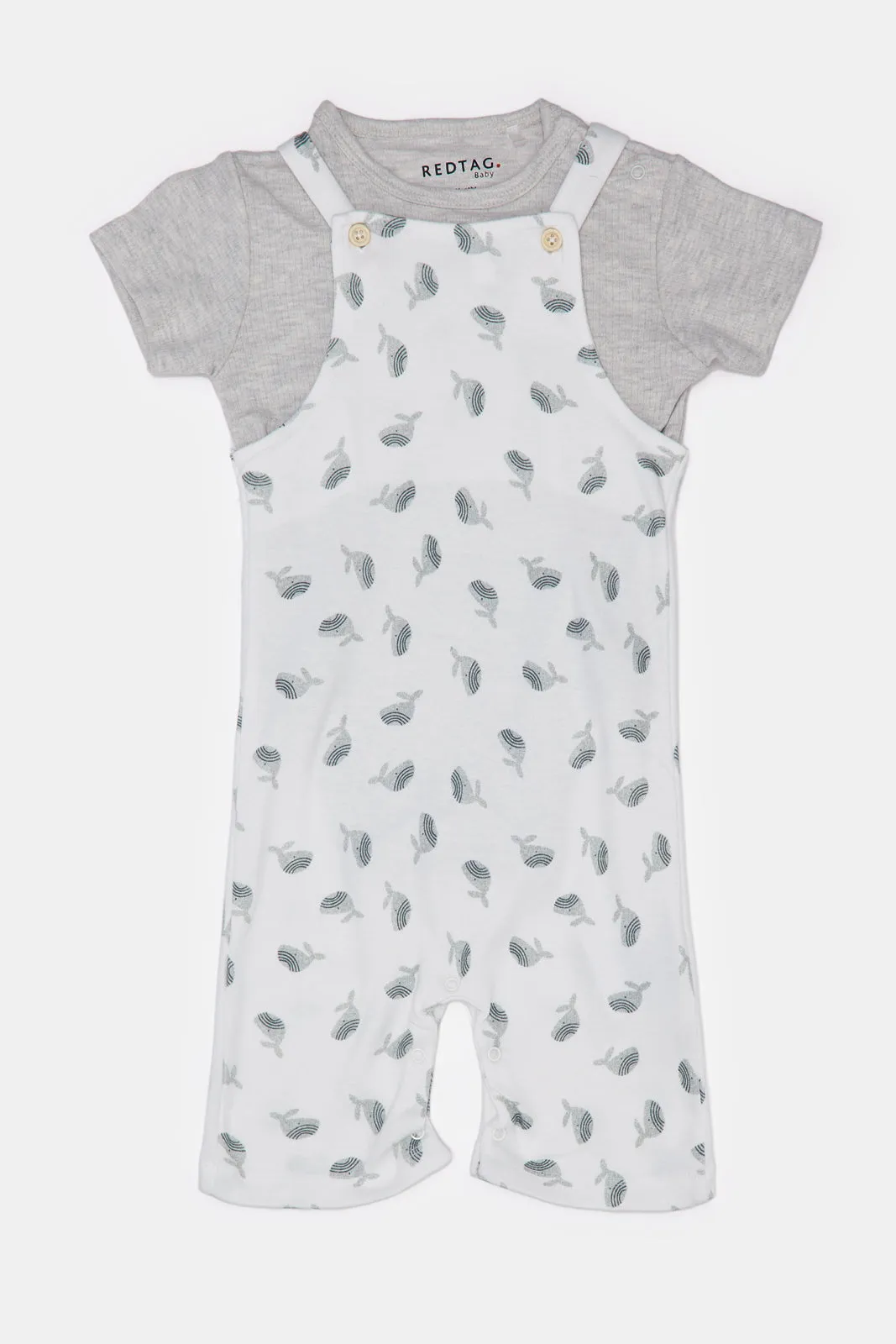 Baby White And Grey Printed Dungaree Set (2 Piece)