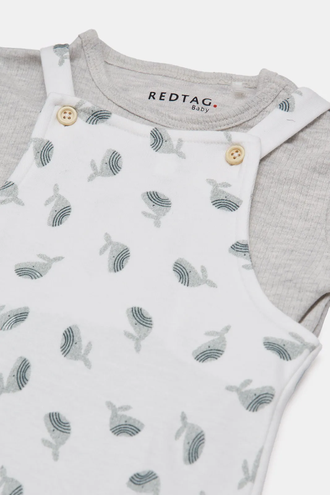 Baby White And Grey Printed Dungaree Set (2 Piece)