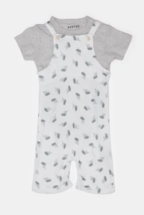 Baby White And Grey Printed Dungaree Set (2 Piece)