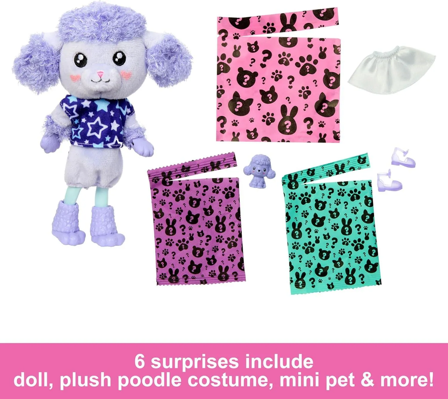 Barbie Chelsea Cutie Reveal Small Doll & Accessories, Brunette in Poodle Costume, 6 Surprises, Color Change (Styles May Vary)