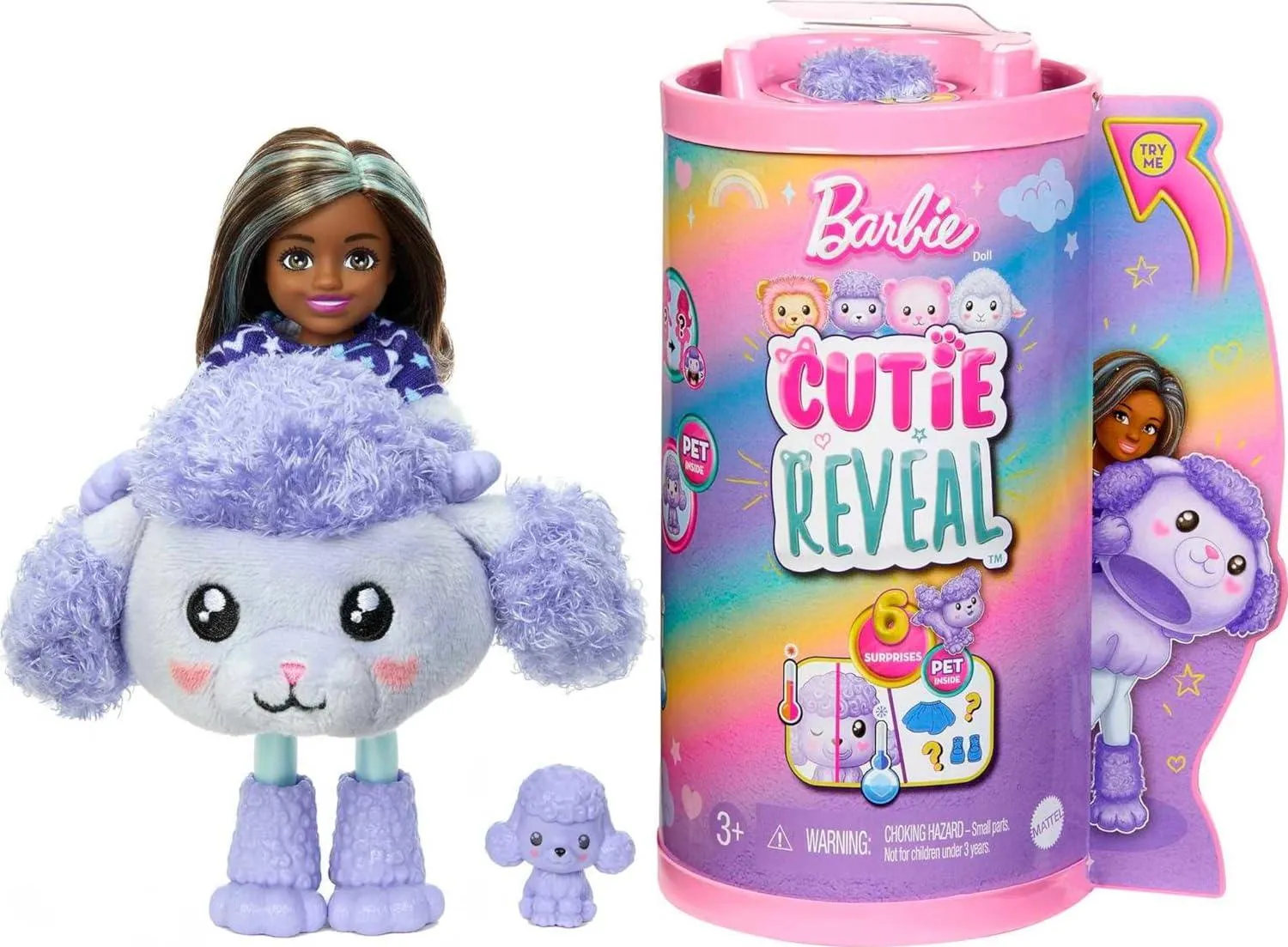 Barbie Chelsea Cutie Reveal Small Doll & Accessories, Brunette in Poodle Costume, 6 Surprises, Color Change (Styles May Vary)
