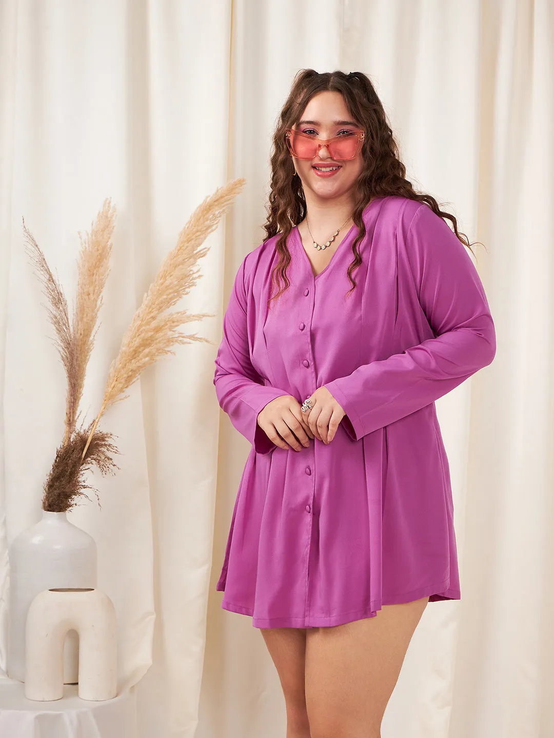 Berrylush Women Plus Size Solid Purple V-Neck Front Button-Up Curve Hem Flared Mini Shirt Dress