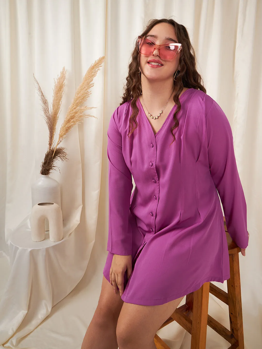 Berrylush Women Plus Size Solid Purple V-Neck Front Button-Up Curve Hem Flared Mini Shirt Dress