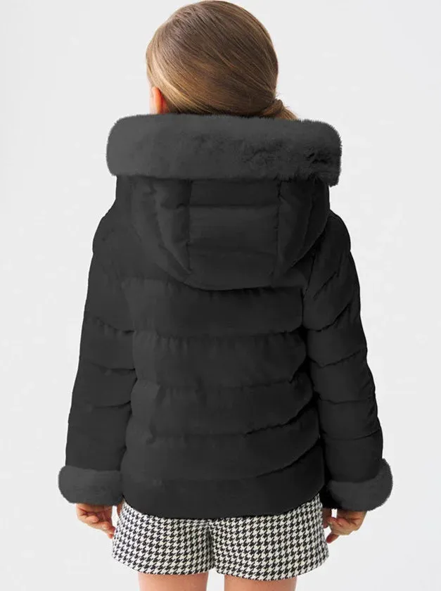 Black Satin Faux Fur Lined Hood Coat