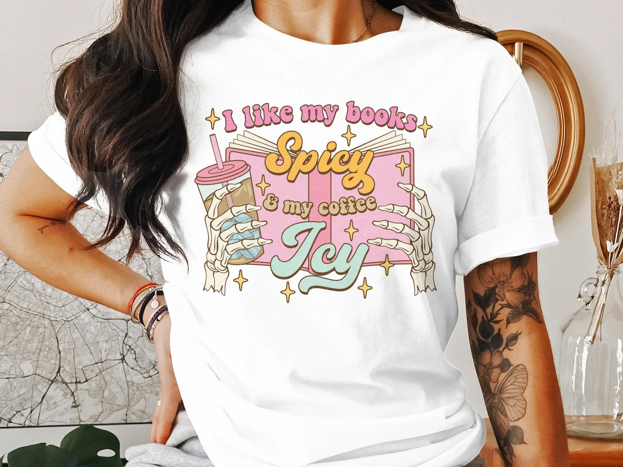 Book Lover T-Shirt, Spicy Books Icy Coffee Graphic Tee, Reading Enthusiast Casual Top, Unisex Shirt for Bibliophiles
