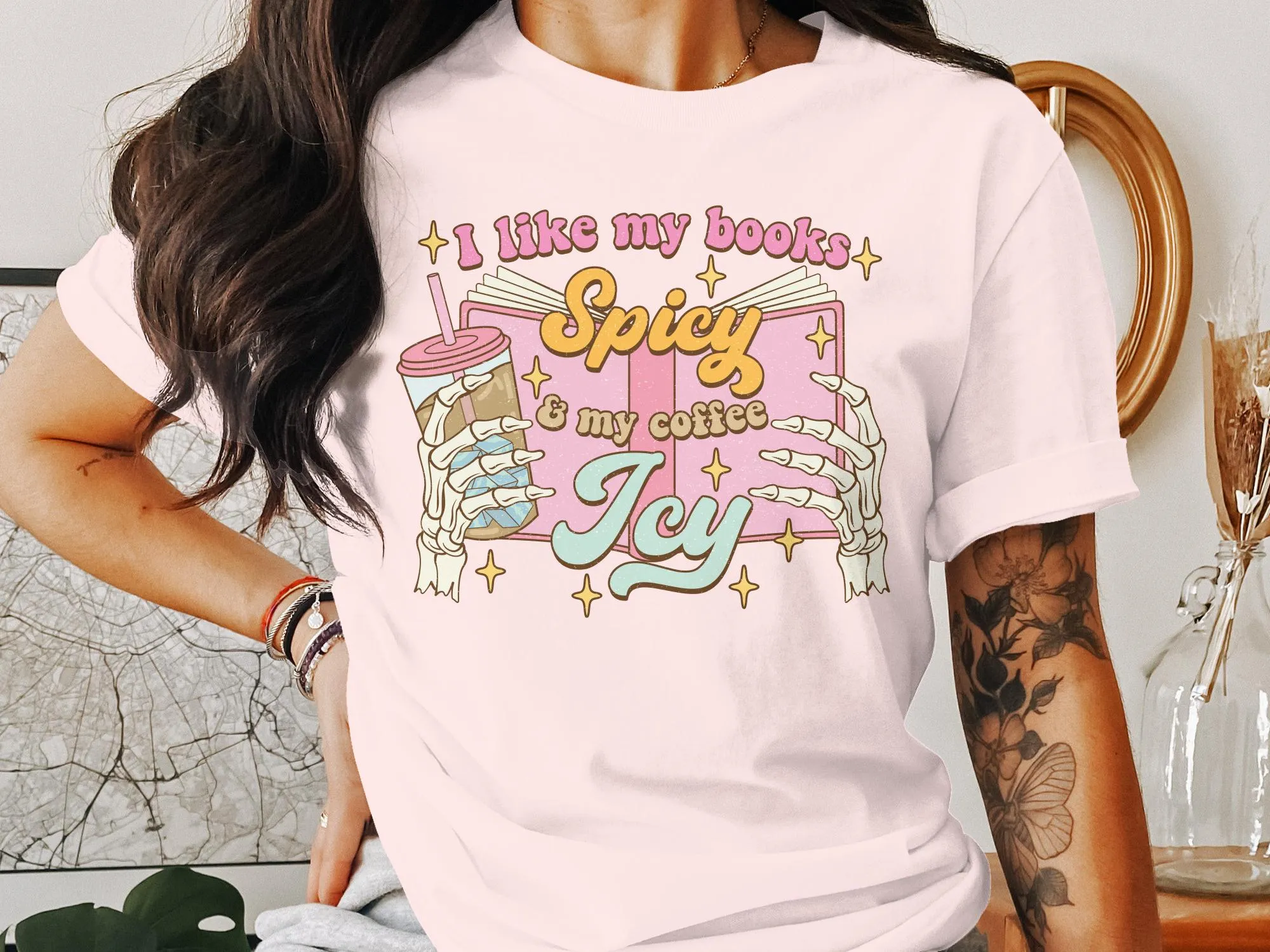 Book Lover T-Shirt, Spicy Books Icy Coffee Graphic Tee, Reading Enthusiast Casual Top, Unisex Shirt for Bibliophiles