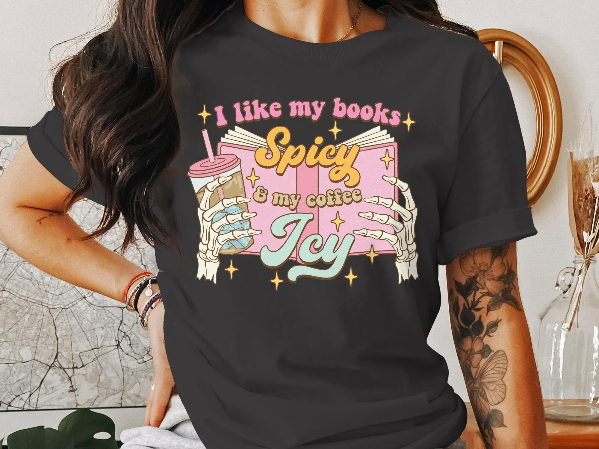 Book Lover T-Shirt, Spicy Books Icy Coffee Graphic Tee, Reading Enthusiast Casual Top, Unisex Shirt for Bibliophiles