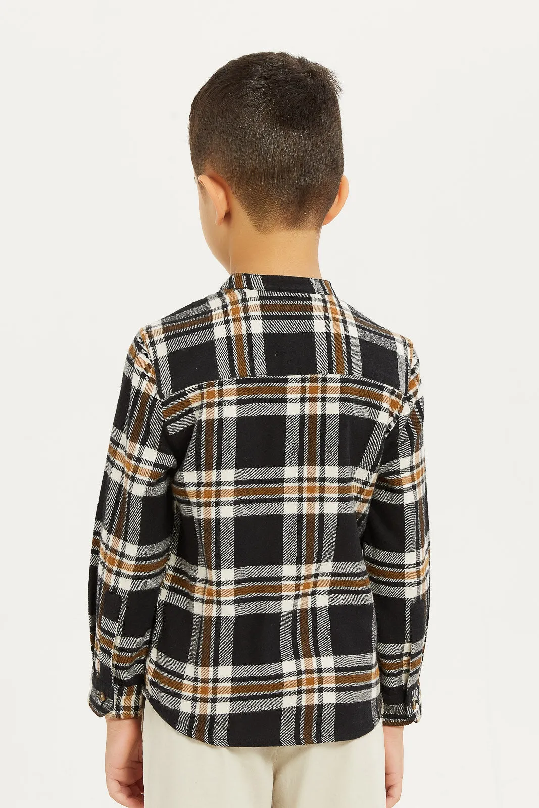 Boys Beige And Black Brushed Check Mandarin Shirt