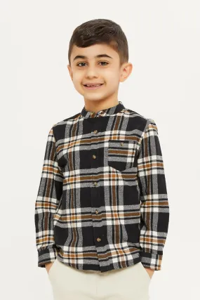 Boys Beige And Black Brushed Check Mandarin Shirt