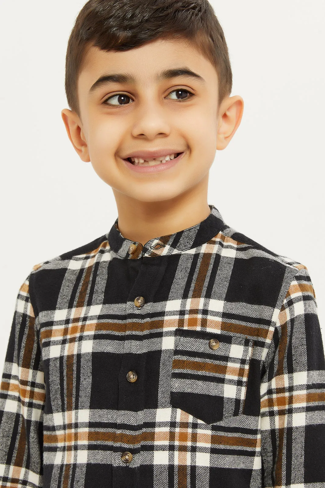 Boys Beige And Black Brushed Check Mandarin Shirt