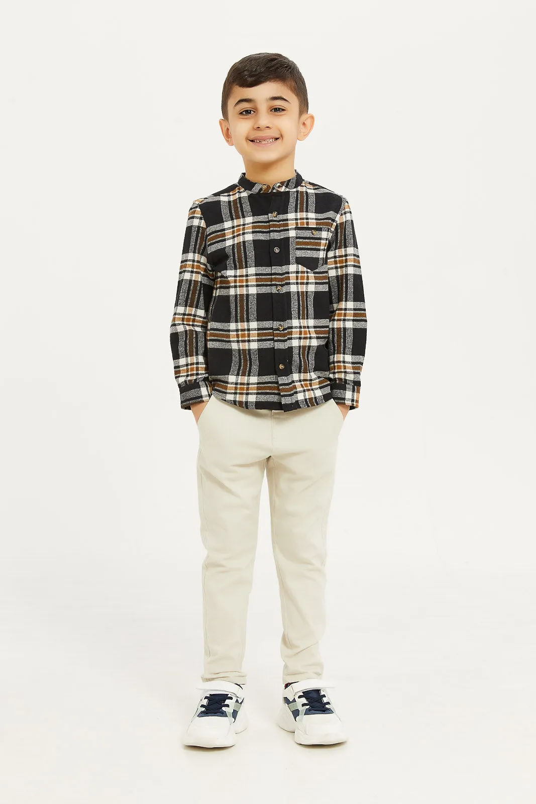 Boys Beige And Black Brushed Check Mandarin Shirt