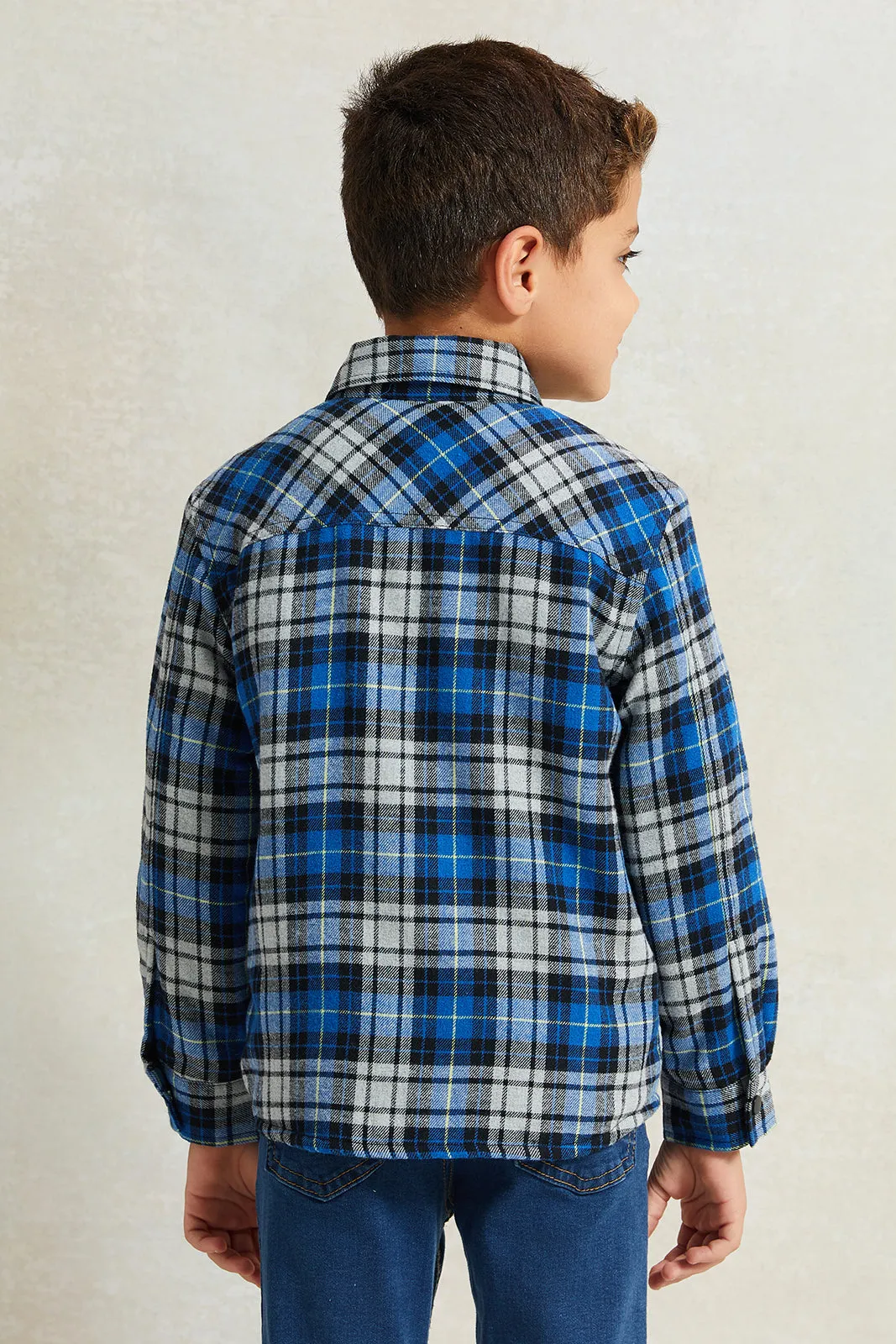 Boys Blue Check Sherpa Lining Long Sleeve Shirt