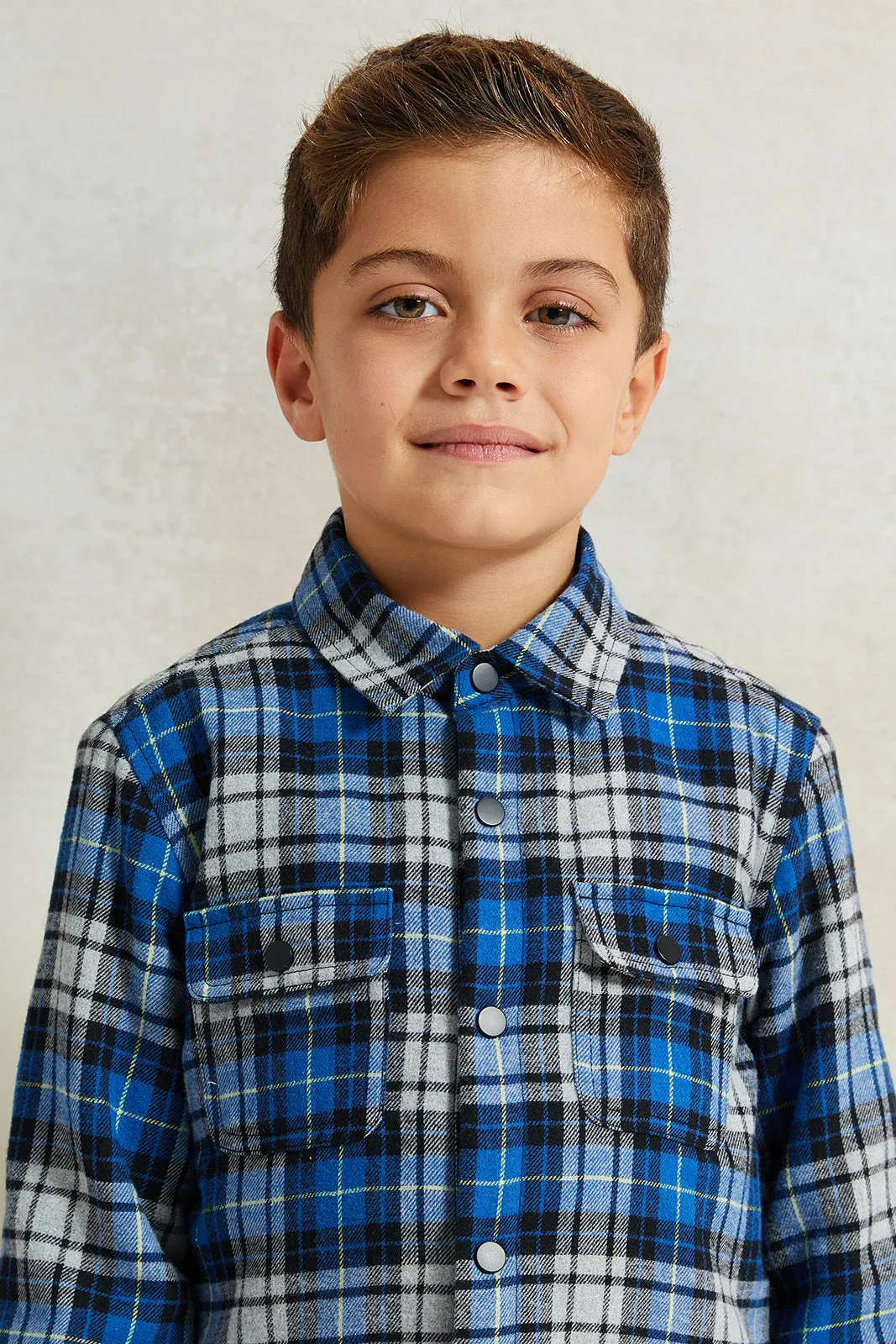 Boys Blue Check Sherpa Lining Long Sleeve Shirt