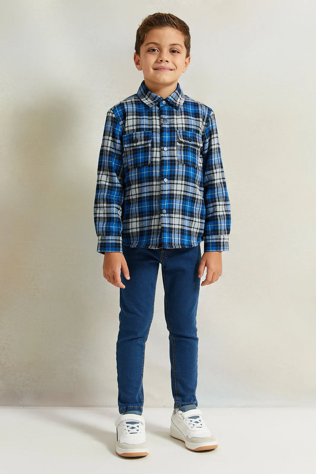 Boys Blue Check Sherpa Lining Long Sleeve Shirt