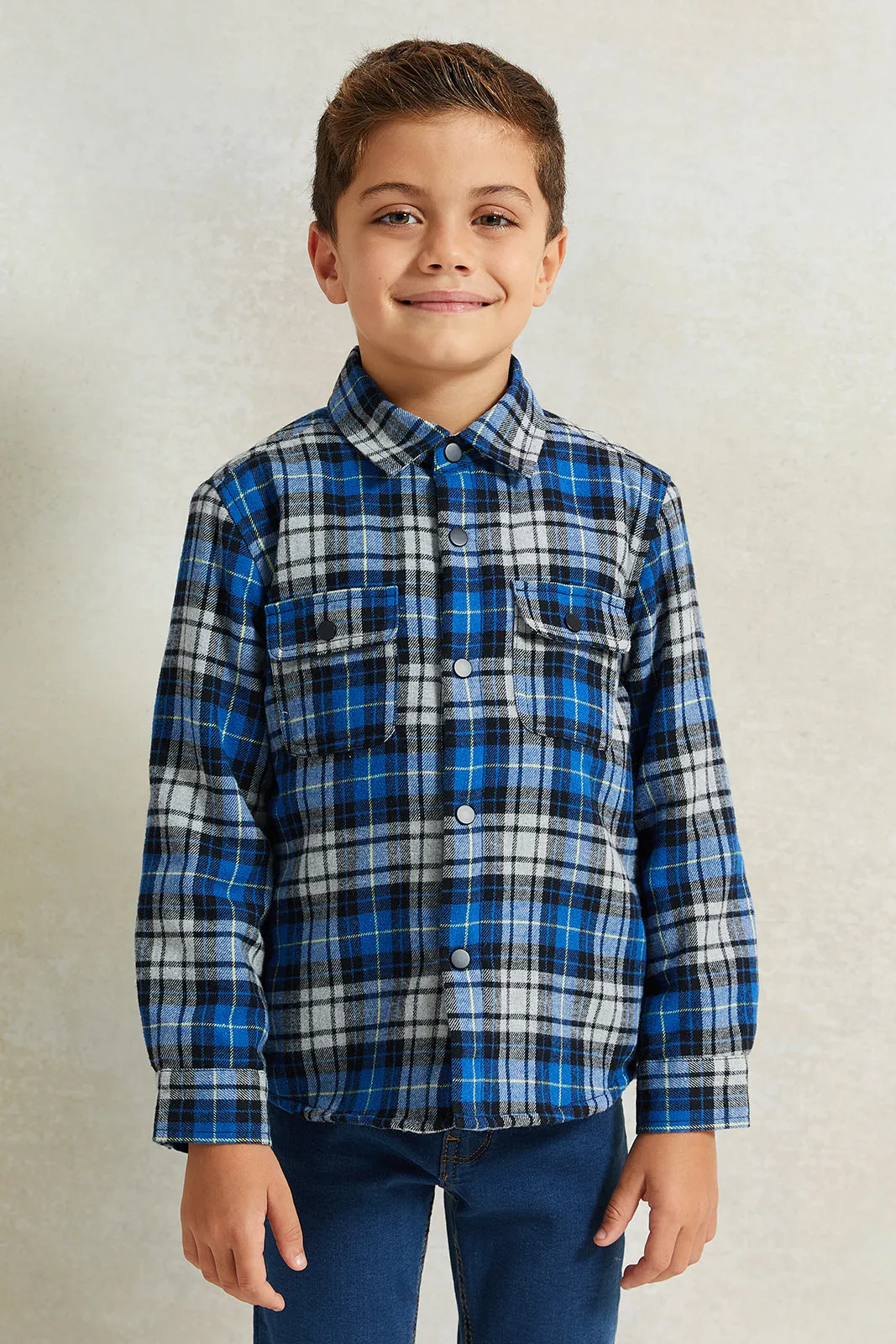 Boys Blue Check Sherpa Lining Long Sleeve Shirt