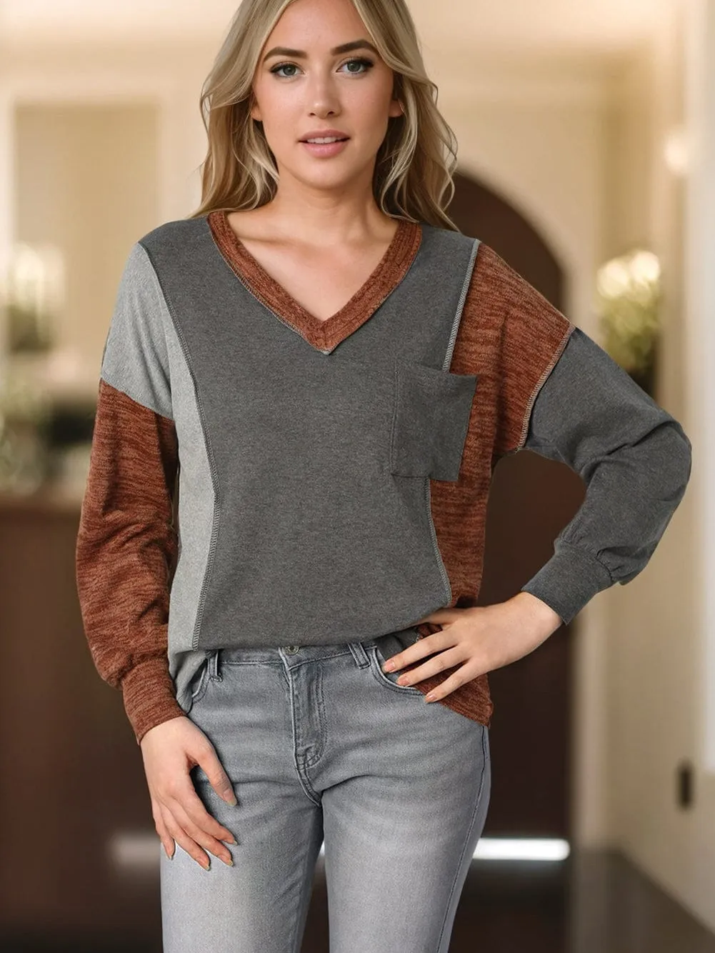 Brown Color Block Patchwork V Neck Loose Knit Top for Fall & Autumn
