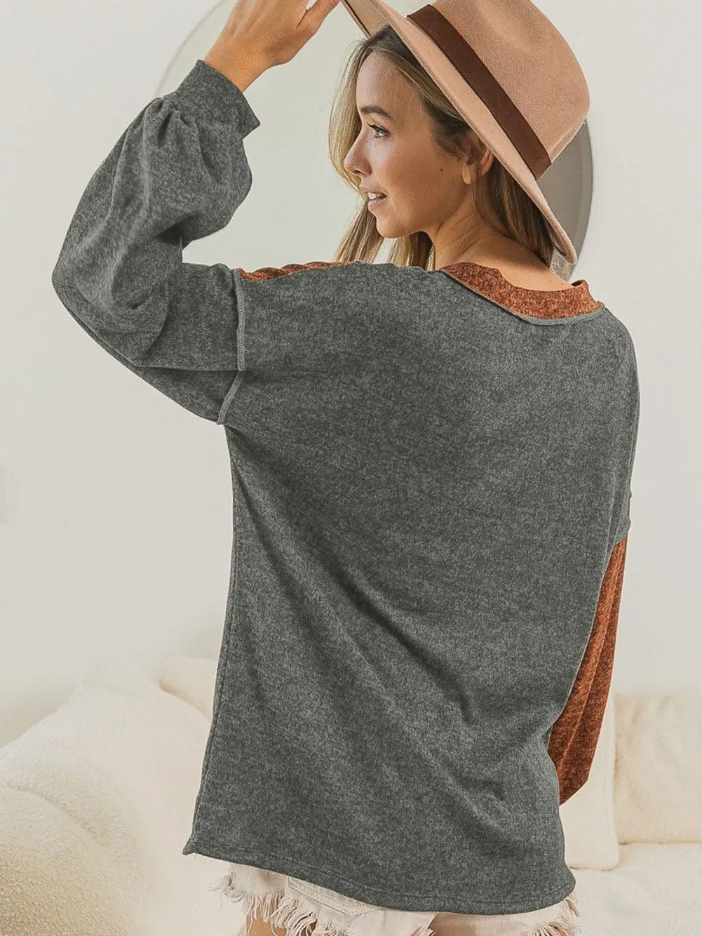 Brown Color Block Patchwork V Neck Loose Knit Top for Fall & Autumn