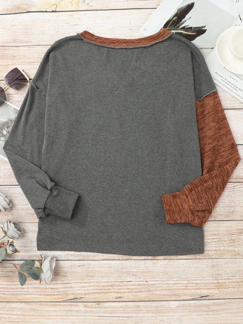 Brown Color Block Patchwork V Neck Loose Knit Top for Fall & Autumn